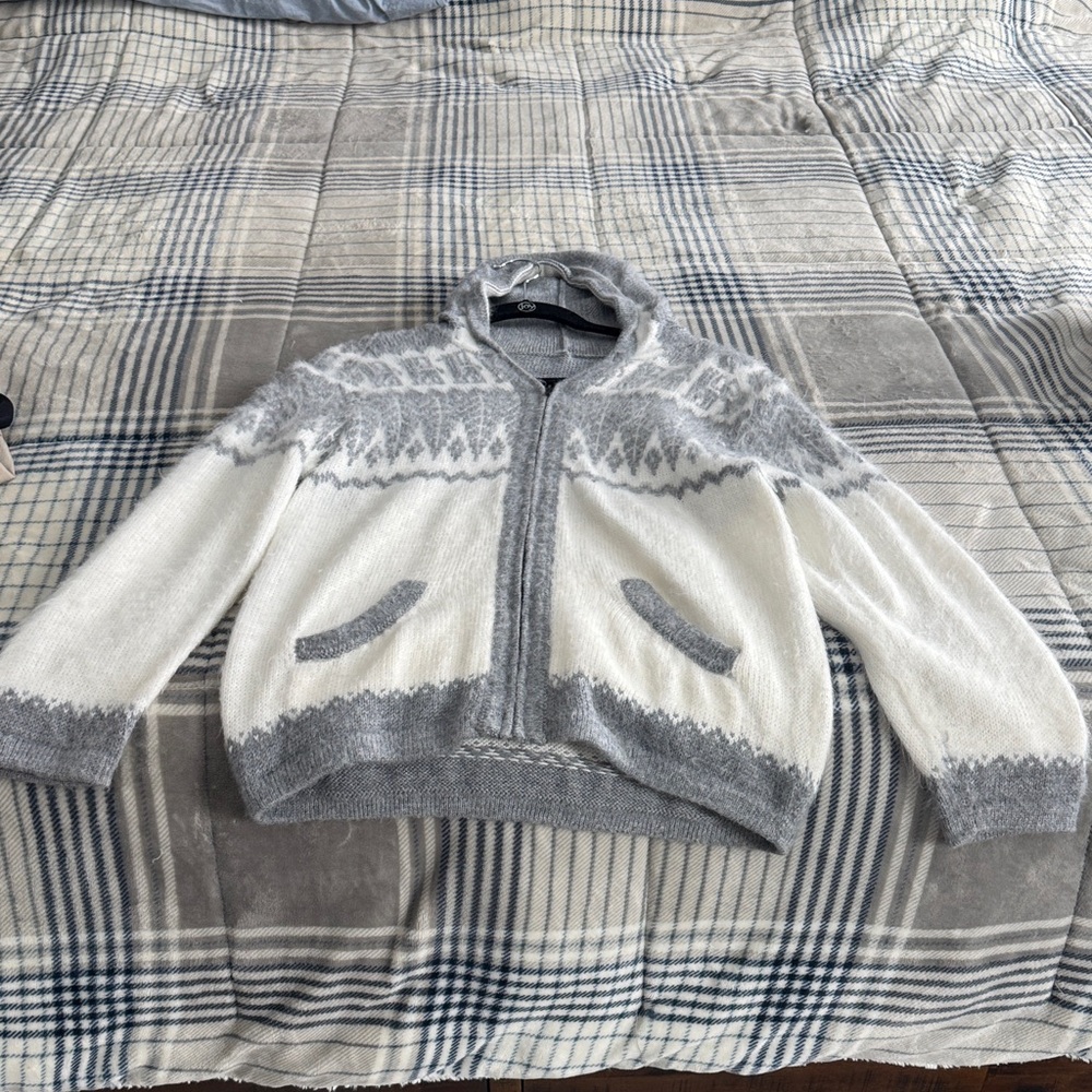 Gray and White Hooded Cardigan